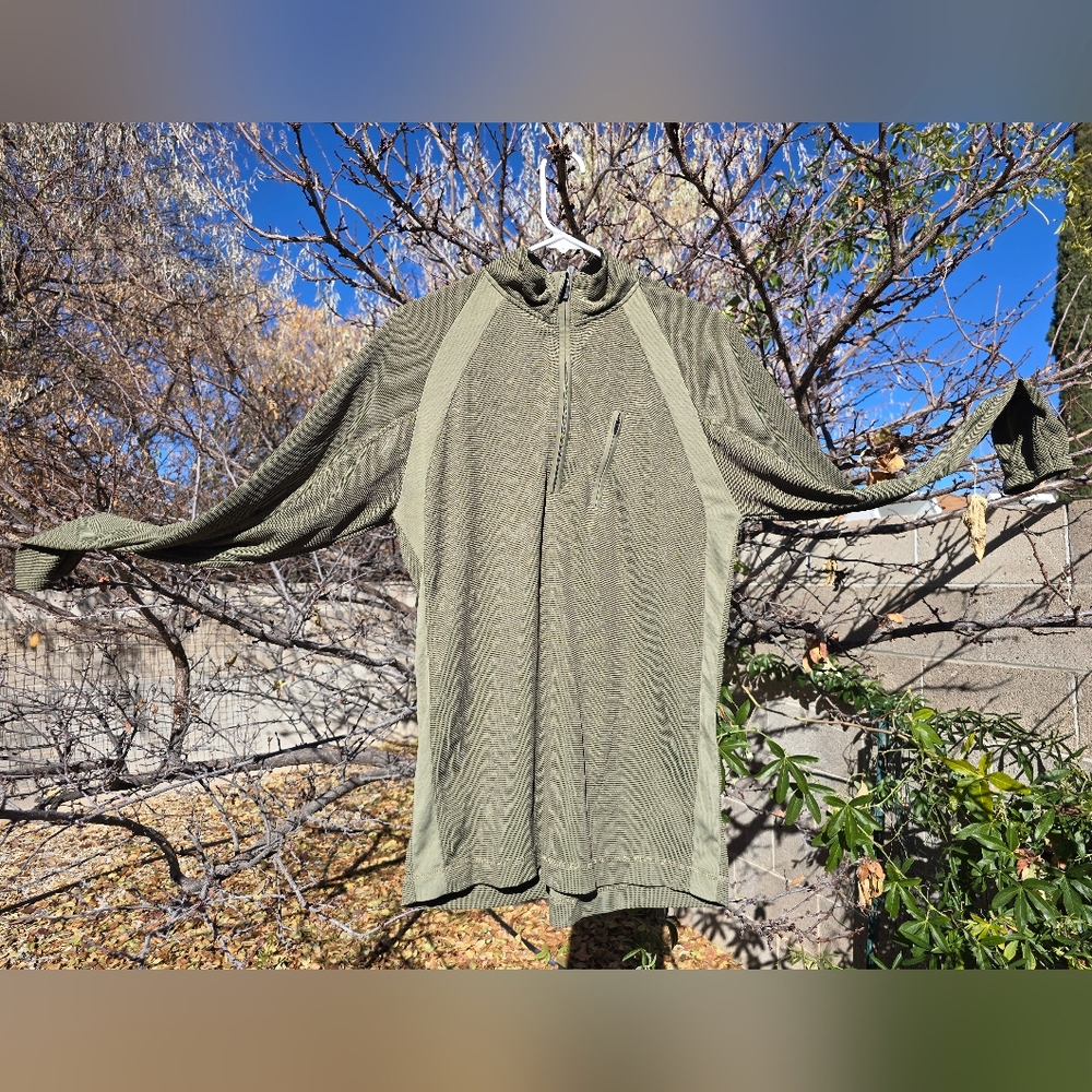 Chaps Olive Striped Pullover With Zipper Collar